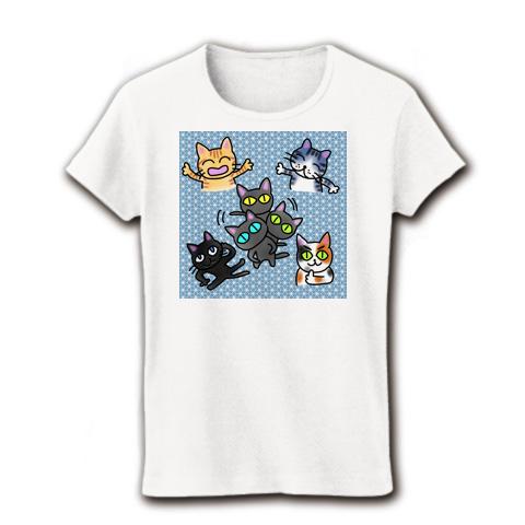 和柄猫のTシャツ ホワイト  レディース【3】        
