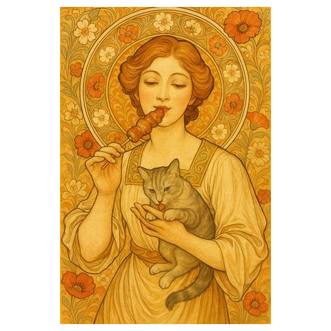 マダムと焼鳥（ミュシャ風）