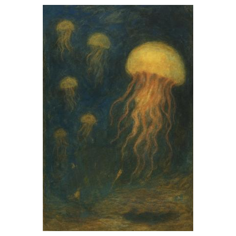 深海をただようクラゲ（ルドン風）