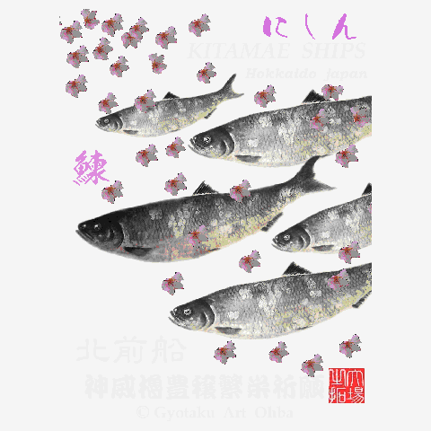 北前船 鰊！【桜Ａ６】その昔、鰊漁が盛んな歴史があります。ニシン 漁は江戸時代から盛んに行われるようになり、日本の経済を支えてしまう程の時代でした。北前船が往来していた時代・・鰊漁で繁栄したその頃を想いを馳せて・・。  Tシャツを購入|デザインTシャツ通販【ClubT】
