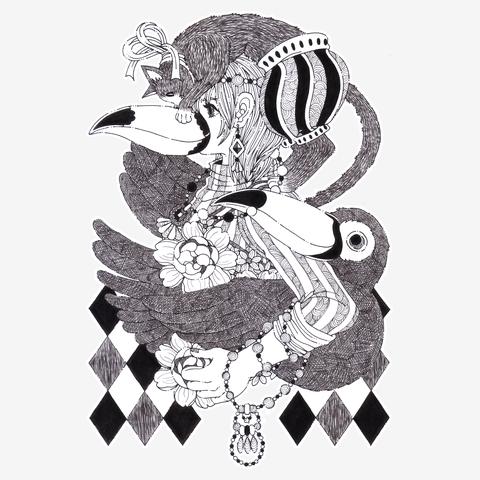 猫×少女×オニオオハシモノクロペン画（Cat Girl Tocotoucan